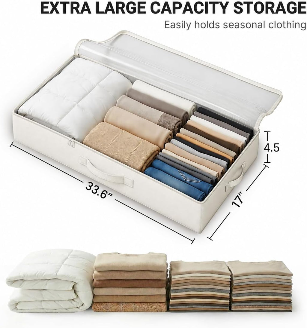2-Pack Under Bed Storage Containers, 4.5 Inches Tall Clothes Storage, Beige | Low Profile Collapsible Underbed Organizer Bin with Sturdy Sidewalls/Bottom, Cotton-linen, For Seasonal Clothes & Bedding