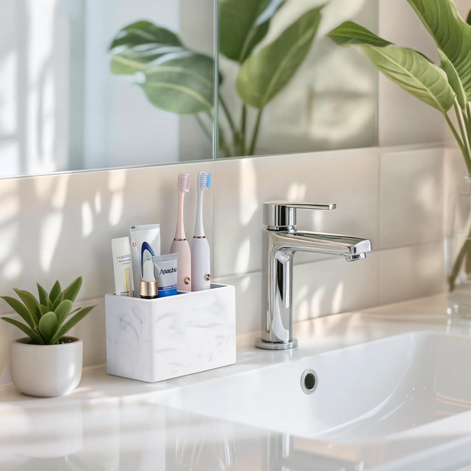 Luxspire Toothbrush Holder, Fast Drying Tooth Brush Holder for Bathroom, Diatomite Electric Tooth Brush and Toothpaste Organizer for Bathroom Kitchen Vanity Countertop, Marble White