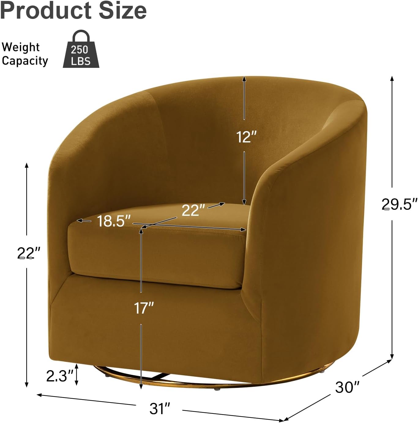 HULALA HOME Swivel Accent Chair with Gold Metal Base, Contemporary Velvet Curved Swivel Barrel Chair, Upholstered Club Armchair, Leisure Single Sofa for Living Room, Nursery, Bedroom(Golden)