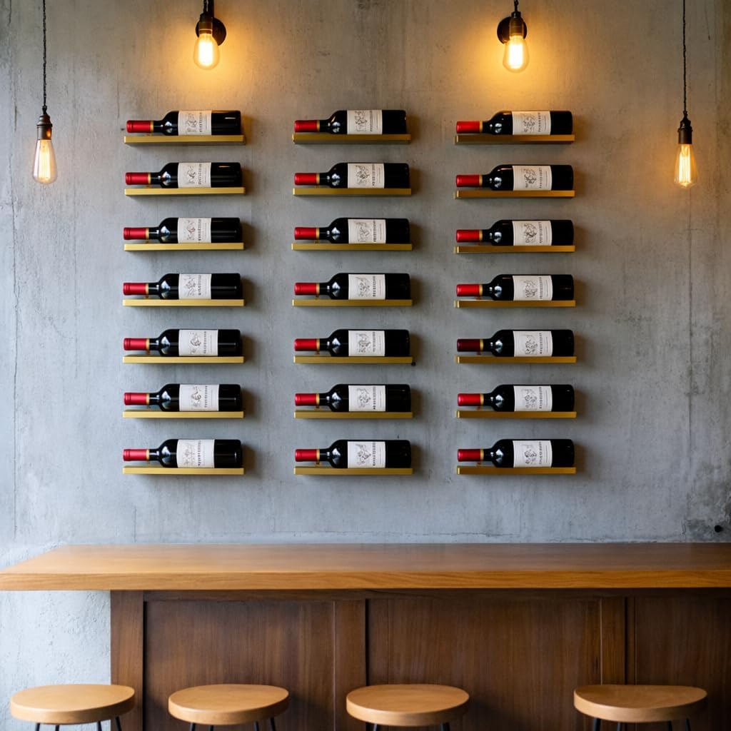 6-Shelf Metal Wall Mounted Wine Rack - Hanging Wine Bottle Holder Organizer for Kitchen, Bar, Home Storage - 6PCS Iron Wine Bottle Display Stand (6PCS-Gold)