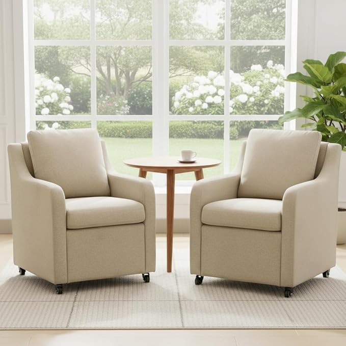 Rolling Dining Chair with Wheels, Upholstered Modern Single Armchair with Casters for Kitchen (2, Fabric Camel)