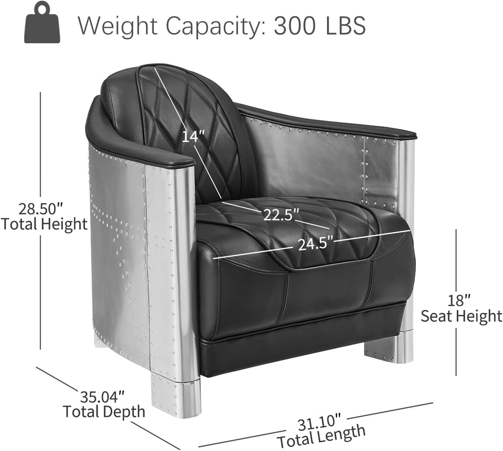Volans Mid Century Modern Genuine Leather Accent Arm Chair with Vintage Alumi...