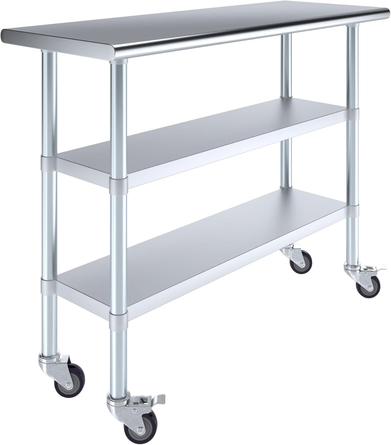 AmGood Stainless Steel Work Table with 2 Shelves and Casters | Metal Utility Table On Wheels (Stainless Steel Work Table with 2 Shelves + Casters, 48" Long x 18" Deep)