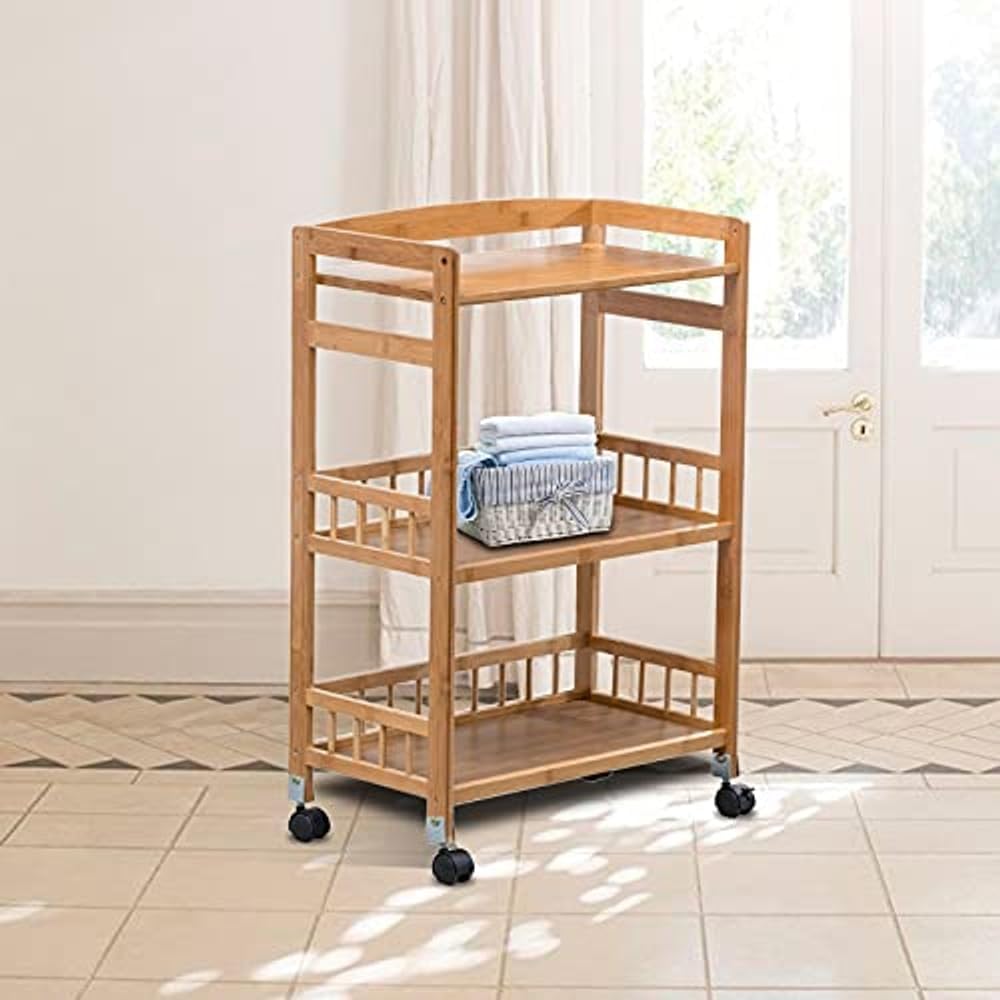 3-Tier Bamboo Rolling Storage Cart with Locking Wheels, Natural Wood Finish |...