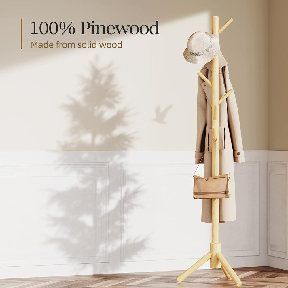 Pipishell Solid Wooden Coat Rack Freestanding with 8 Hooks, Natural