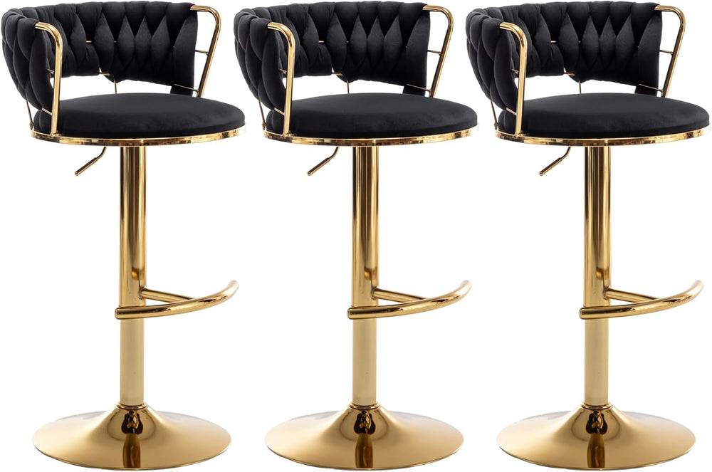 Riknuxi Velvet Bar Stools Set of 3, Counter Height Barstools with Low Back, G...