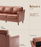 Kingfun 80" Faux Leather Sofa, 3 Seater Couch, Mid Century Modern Couches with Solid Wood Legs for Living Room & Bedroom, Dark Brown