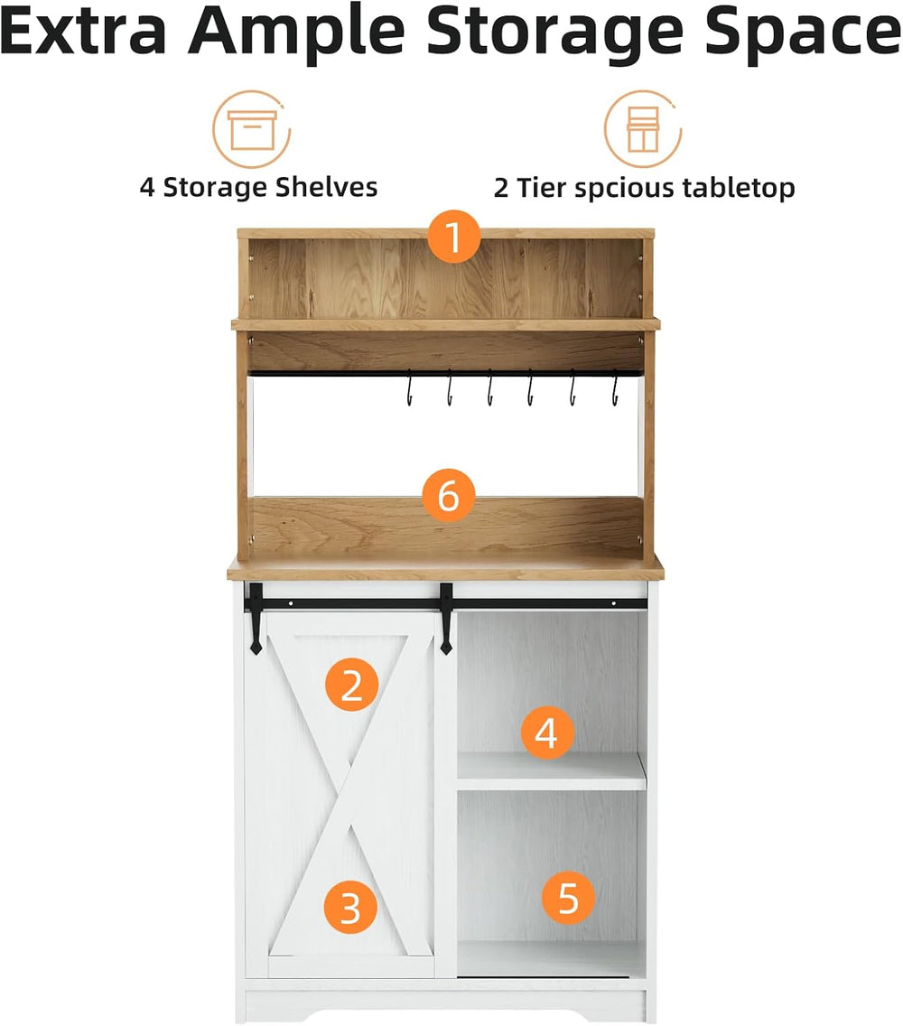 BestHaped Farmhouse Coffee Station with 3 Tier Storage Hutch & 6 Hooks - ...