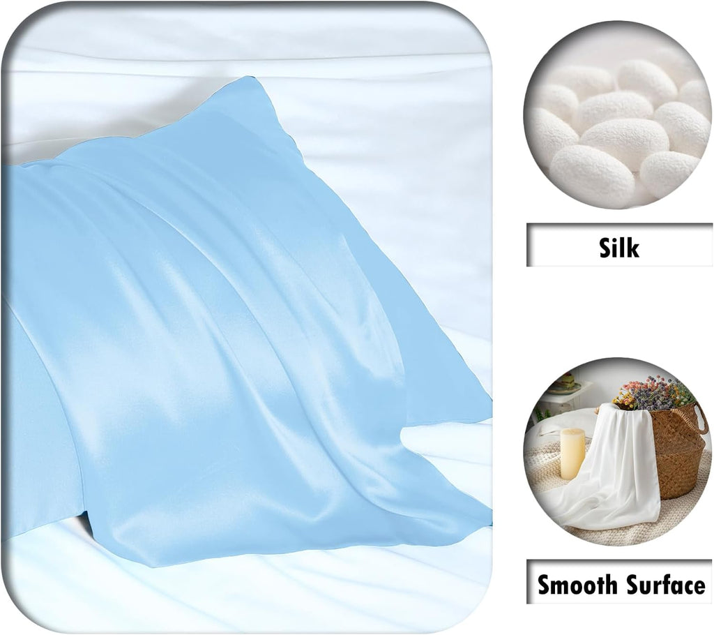 Silk Pillow Cases 2 Pack Soft Breathable and Sliky King Size Pillow Cases Set of 2,Natural Mulberry Satin Silk Pillowcase with Hidden Zipper for Hair and Skin (Sky Blue,20"X 36",2pcs)