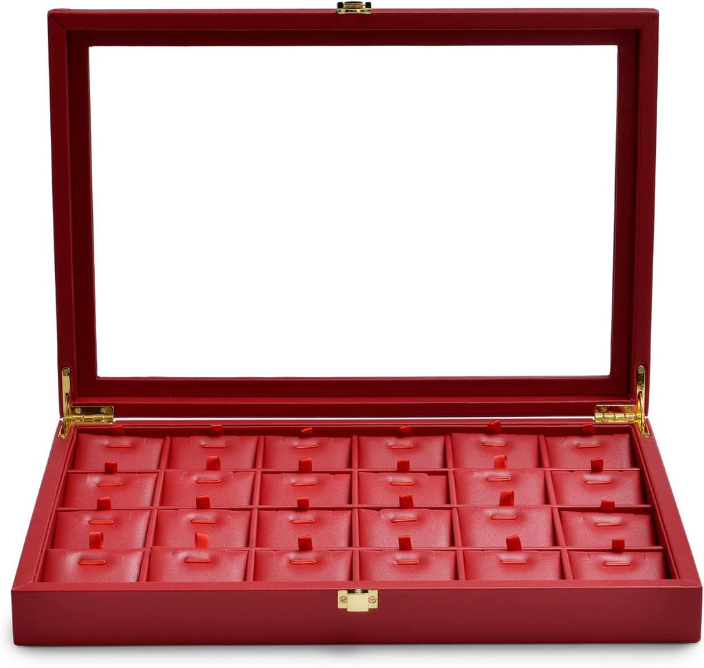 Oirlv Luxury Leather Necklace Tray with 24 Grid Removable Jewelry Cards Jewelry Organizer Box with Transparent Acrylic Lid Necklace Pendant Display Case