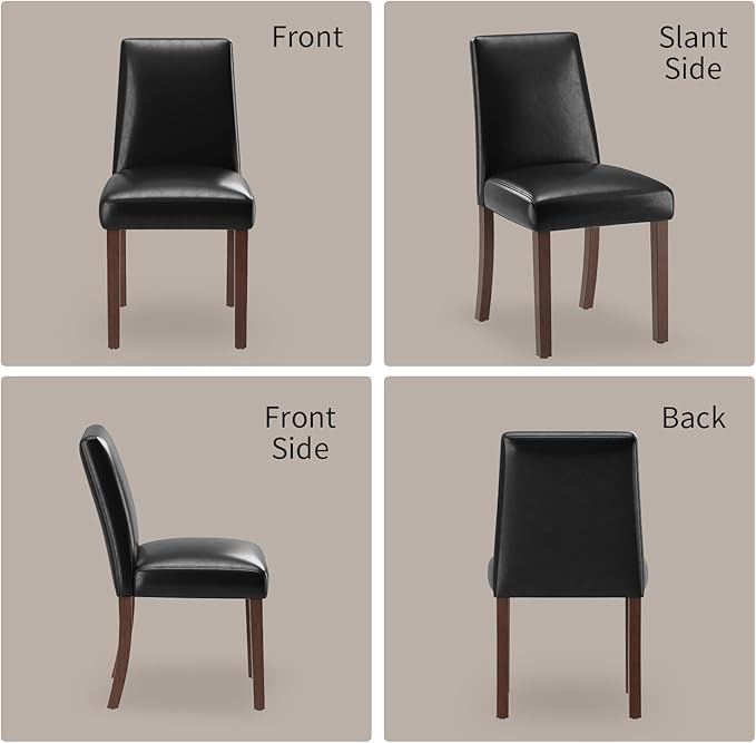 Dining Chairs Set of 2, Modern Dining Room Chairs with Wooden Legs, Faux Leather Upholstered Kitchen Farmhouse Parsons Chairs for Restaurant & Cafe- Black