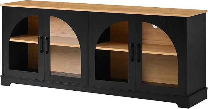 3-Piece Farmhouse TV Stand Set with Bookshelf for TVs Up to 70", Two-Tone Wood Grain Entertainment Center with Arched Design, Retro Sideboard with Tempered Glass Doors for Living Room (Black+Walnut)