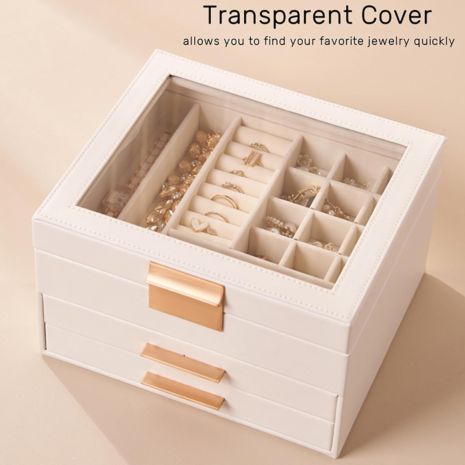 Jewelry Box Organizer with Glass Lid, 3-Layer Jewelry Storage, with 2 Drawers, Modern Style, 8 x 9.1 x 5.3 Inches (White)