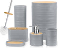 CERBIOR Bathroom Accessories Set 6 Piece Bamboo Bath Ensemble Includes Soap Dispenser, Toothbrush Holder, Toothbrush Cup, Soap Dish for Decorative Countertop and Housewarming Gift, Sriral Grey
