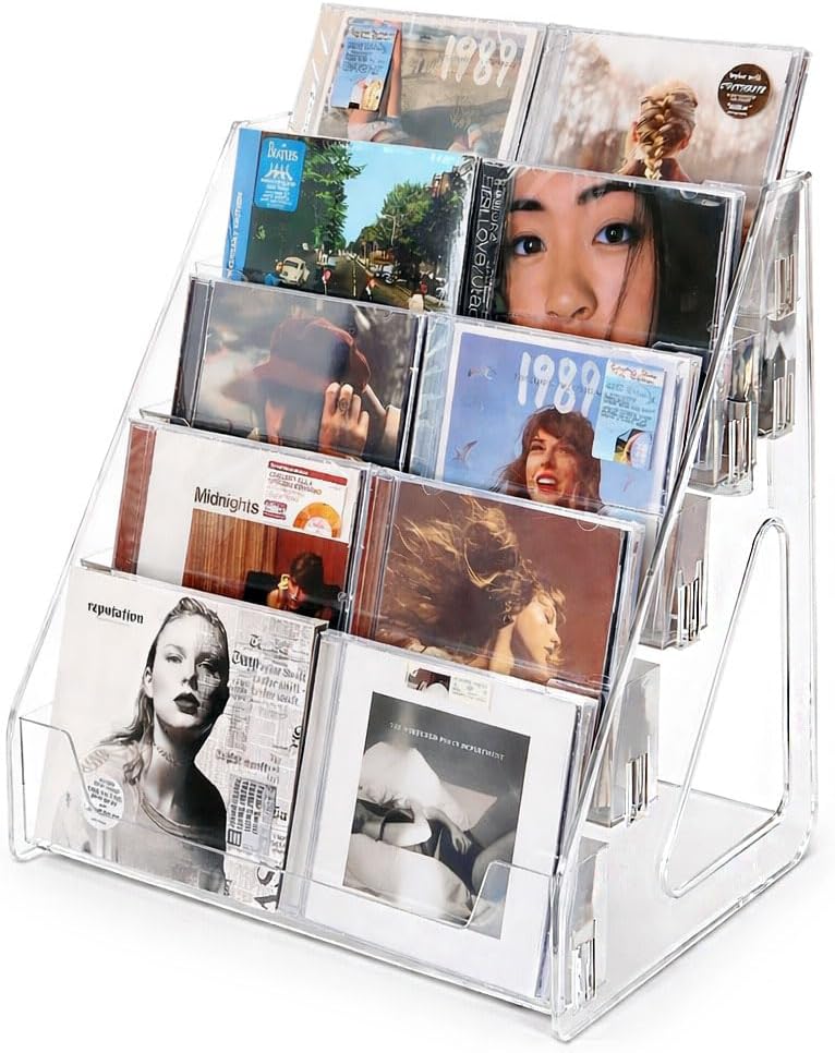 Acrylic CD Rack 5-Tier Cascading CD Storage Organizer, Holds Up to 30 CD Jewel Cases, Clear CD & DVD Display Shelf for Music, Postcards & Cosmetics（1PC）