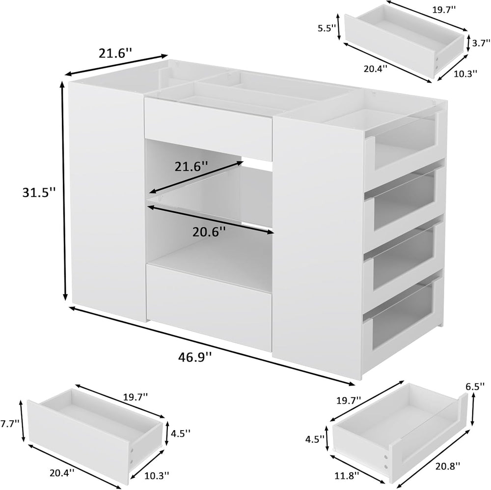 LIVAUVEAD Closet Island with 12 Drawers, Glass Top & Display Shelves, Whi...