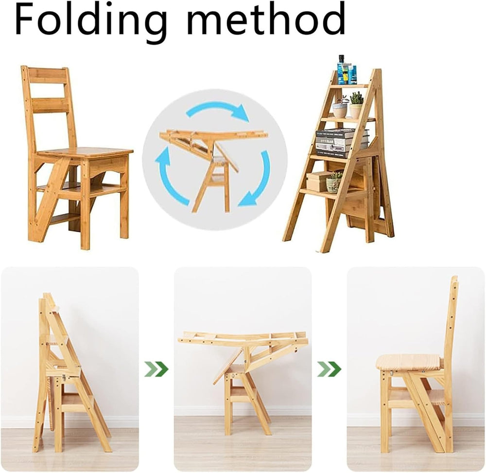 Solid Wood Foldable 4-Step Dual-Purpose Ladder Chair: for Library, as Step, S...