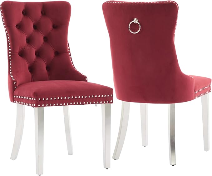 Mid Century Modern Dining Chairs Set of 2, Velvet Upholstered Kitchen & Dining Room Chairs with Nailhead Trim & Brushed Silver Metal Legs, Tufted Kitchen Chairs, Elegant Sillas De Comedor (Red, 2 Pcs)