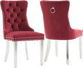 Mid Century Modern Dining Chairs Set of 2, Velvet Upholstered Kitchen & Dining Room Chairs with Nailhead Trim & Brushed Silver Metal Legs, Tufted Kitchen Chairs, Elegant Sillas De Comedor (Red, 2 Pcs)