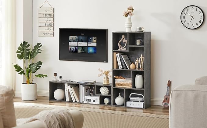 VECELO 42" Contemporary Bookshelf, 7 Cube Organizer Bookcase,Fits Tallest Hardcovers, Horizontal Available,Floor Standing Display,Easy Assembly, Modern Gray
