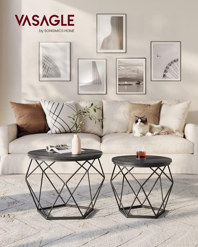 VASAGLE Small Coffee Table Set of 2, Round Coffee Table with Steel Frame, Sid...