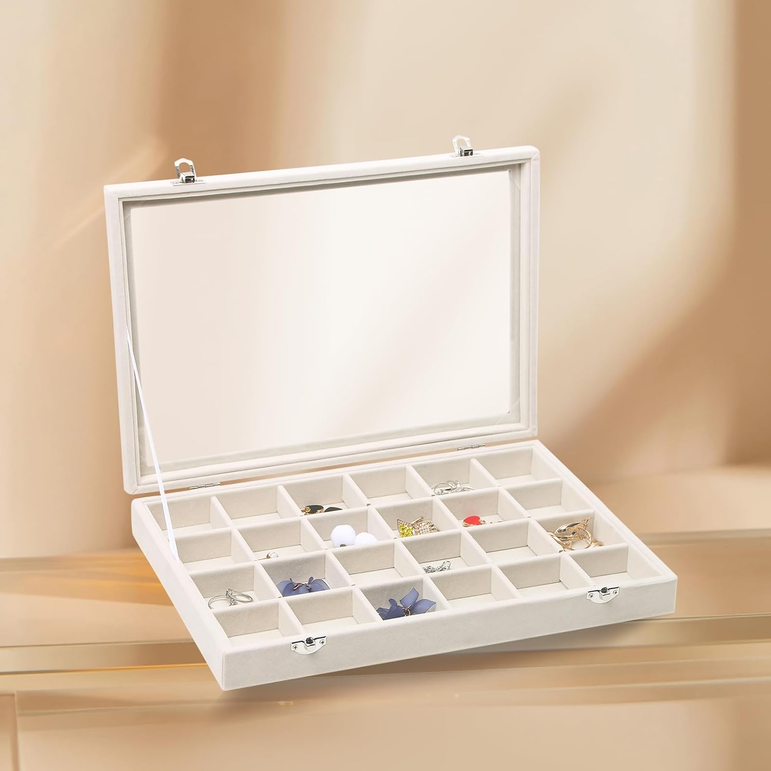 Stratalife Jewelry Organizer Jewelry Tray with Lid See-through Display Showcase Large Earring Organizer Velvet Storage Box for Earring Necklace Rings Dice Beige (24 Grids)