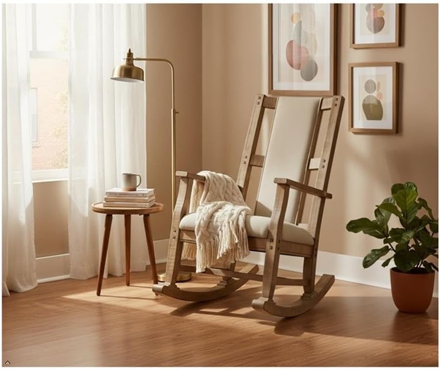 Pemberly Row Mahogany Rocking Chair with Cushioned Seat and Back, Studded Accents, Smooth Rocking Motion, Beige