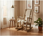 Pemberly Row Mahogany Rocking Chair with Cushioned Seat and Back, Studded Accents, Smooth Rocking Motion, Beige