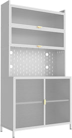 73'' Kitchen Cabinet with Countertop, Freestanding Food Pantry Cabinet with Doors & Microwave Shelf, Coffee Bar Hutch Cabinets with Storage & Pegboard for Kitchen Dining Room Living Room (White)