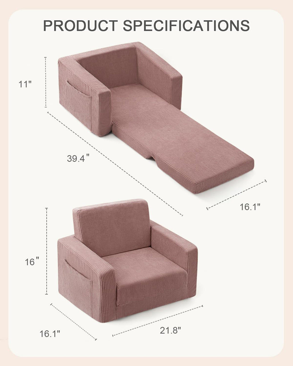 2-in-1 Kids Chair and Couch, Cozy Corduroy Kids Sofa, Pink | Fold-Out Kids Couch, Boys and Girls, Bedroom & Playroom, Reading and Playing, Lightweight, Removable Washable Cover