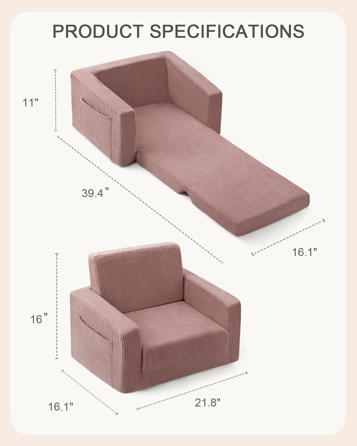 2-in-1 Kids Chair and Couch, Cozy Corduroy Kids Sofa, Pink | Fold-Out Kids Couch, Boys and Girls, Bedroom & Playroom, Reading and Playing, Lightweight, Removable Washable Cover