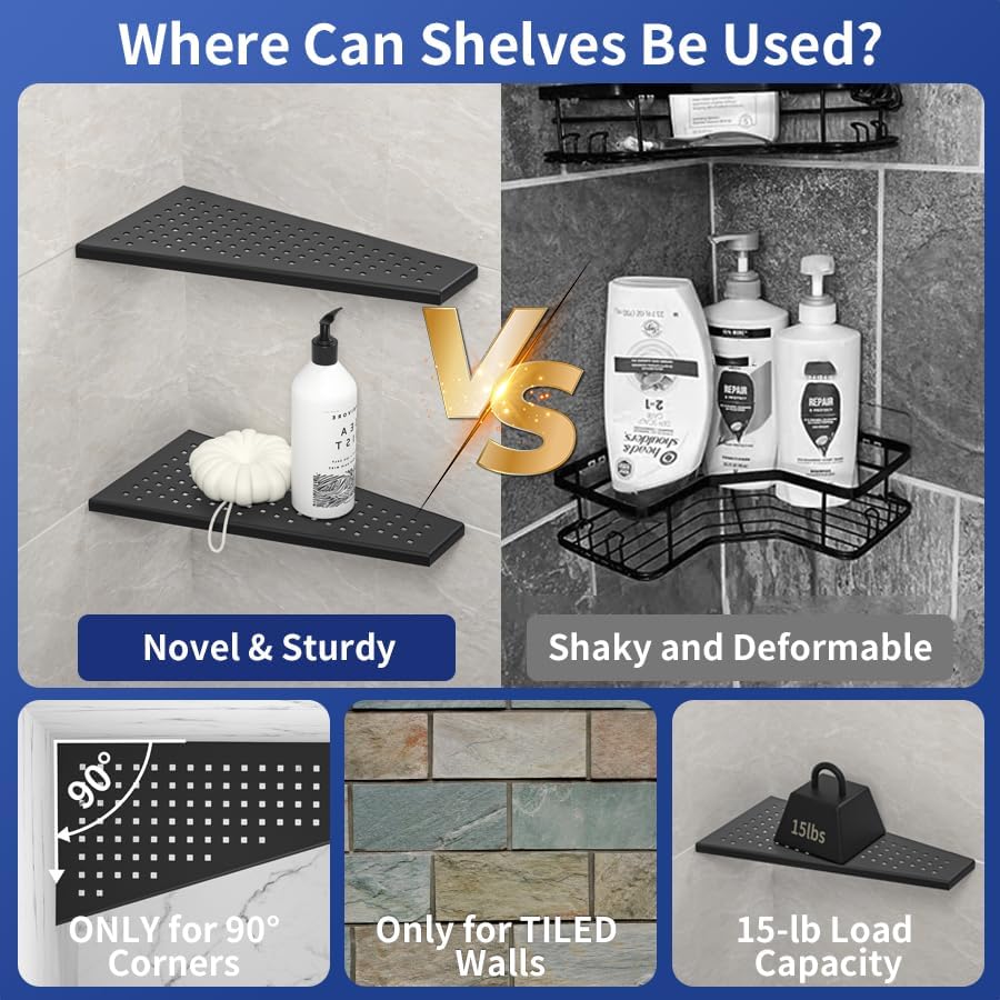 Corner Shower Shelf, Matte Black 12" 304 Stainless Steel Trapezoid Grout in Shelf with Grid Hollows Design, Recessed Bathroom Shelves for Tiled Wall Retrofit, 2 Pack