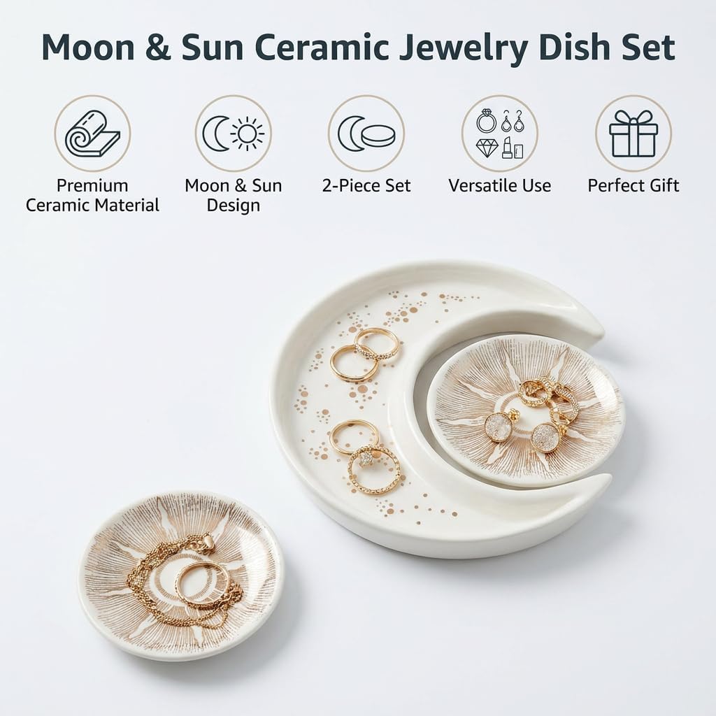 Ceramic Jewelry Dish Tray 2-Pack,Earrings Ring Holder,Small Trinket Plate | Bohemian Sun and Moon Key bowl,Unique Elegant Decor for Home,Engagement Birthday Gift,Gift for Mom Women Bride Friends