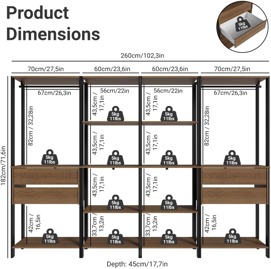 Madesa Kitchen Pantry Storage Rack with 4 Drawers, Open Shelves and Hanging S...