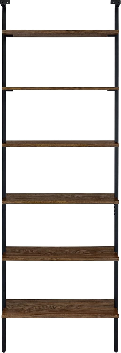 Coaster Home Furnishings - Owens - Wood and Metal - 6-Shelf Wall Mounted Bookshelf with Ladder Design and Transitional Style - Home Office & Living Room - 96-Inch - Walnut & Black - 980072