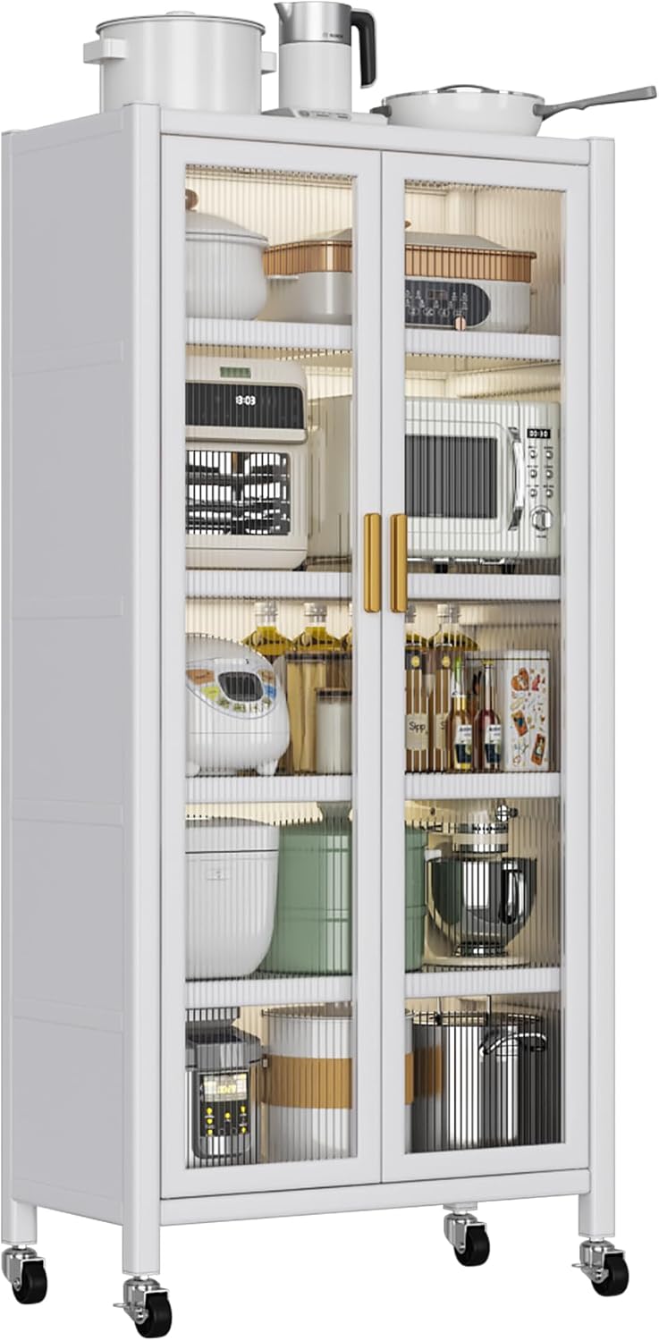 White Metal 5-Tier Kitchen Pantry Cabinet with Acrylic Glass Doors & Whee...