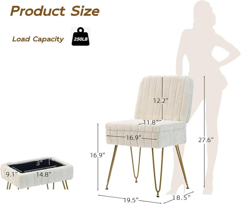 Vanity Chair with Storage | Comfy Ottoman with Folding Back | Faux Fur Vanity...