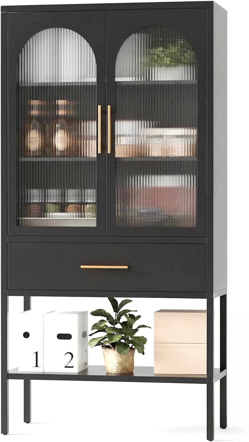 63" Tall Metal Storage Cabinet with Glass Doors, Kitchen Pantry Cabinet ...