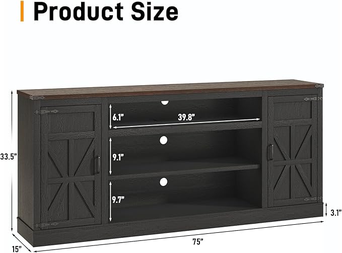 75" Farmhouse TV Stand with Power Outlets for 85 Inch TVs, 33" Tall Entertainment Center with Storage Cabinets w/Adjustable Shelves, Rustic Large TV Media Console, Black