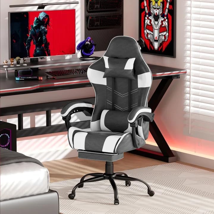 Gaming Chair with Footrest, Ergonomic Video Game Chair for Adults, White | PU...