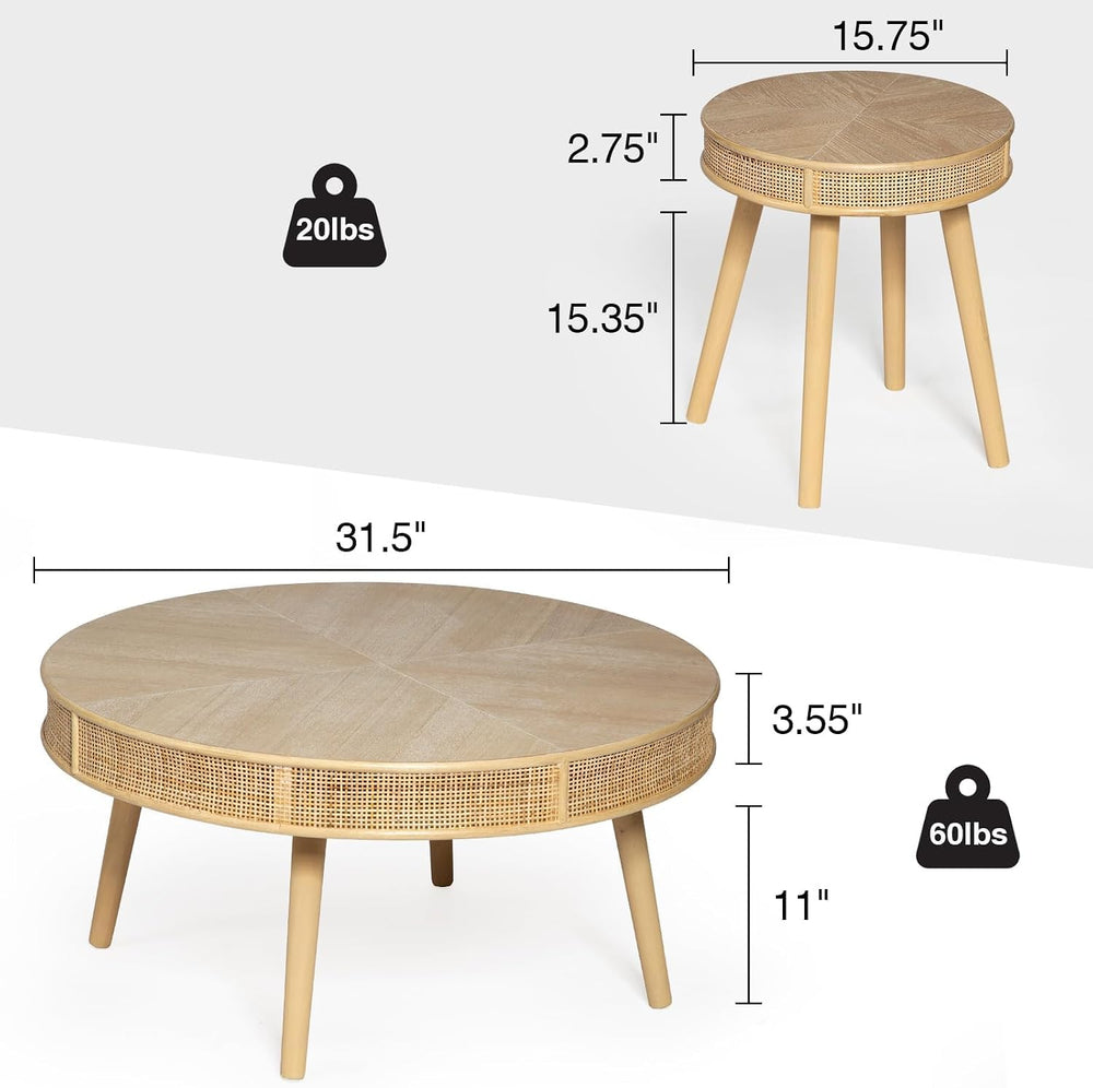 Wnutrees Farmhouse Round Coffee Table, Rustic Sofa Side Tea Set, Natural | 2 ...