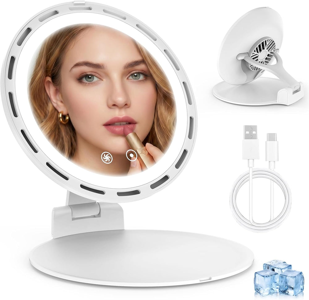 Travel Makeup Mirror with Fan, Rechargeable, 3 Color Dimmable Lighting