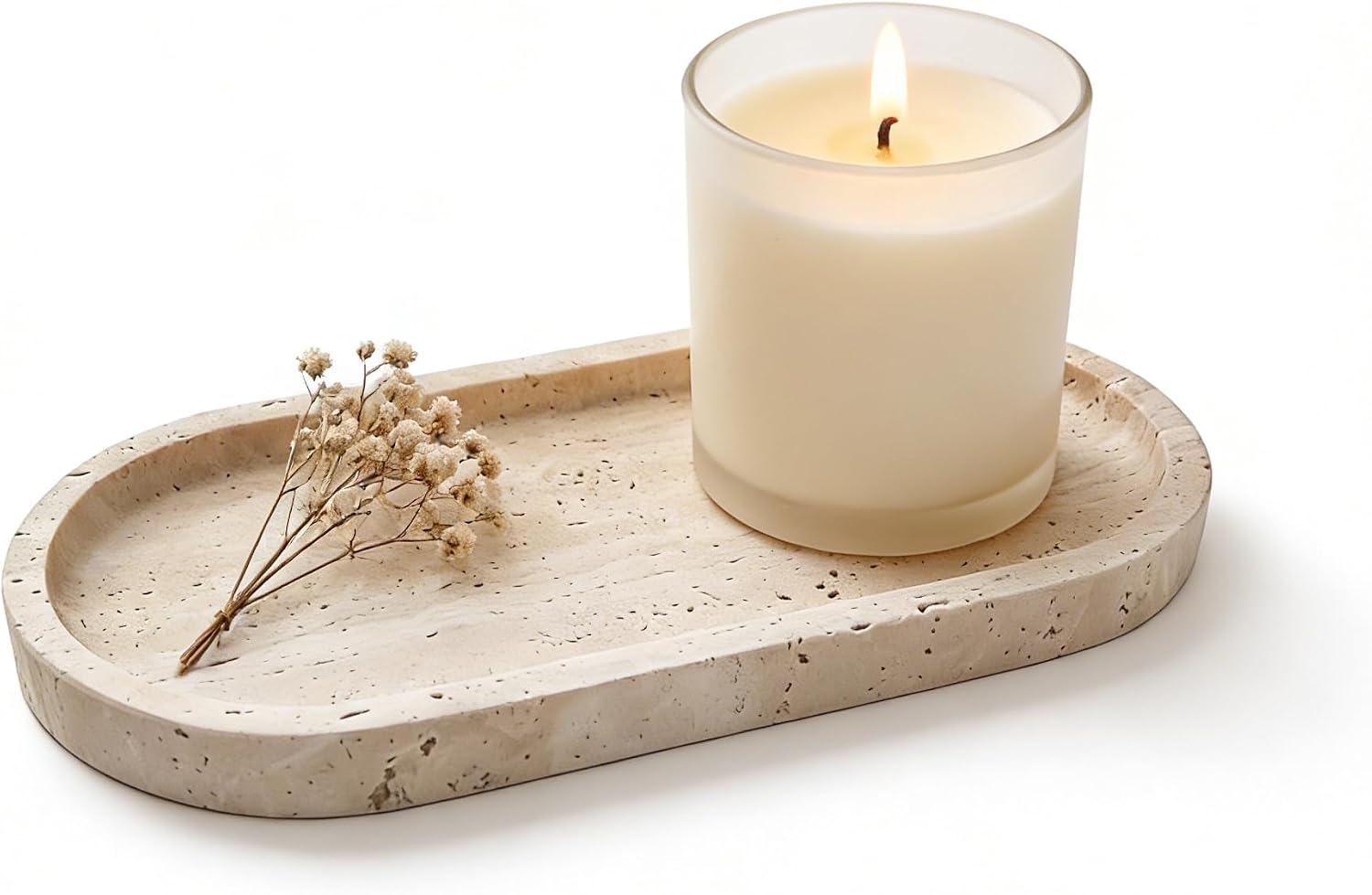 Oval Travertine Tray 4.8 in x 9.8 in for Bathroom Dresser Countertop Organizer, Natural Marble Vanity Tray for Perfume, Candles, Ring, Decorative Jewelry Dish