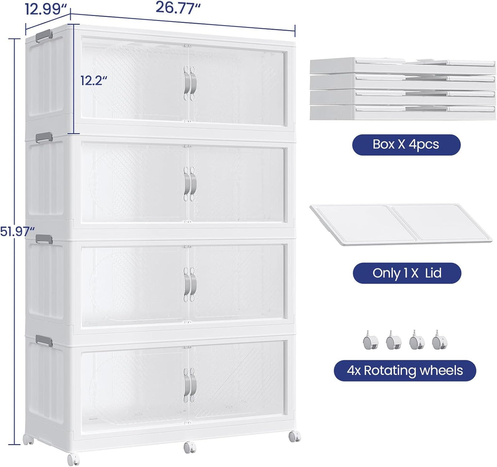 480QT Extra Large Stackable Storage Bins with Lid & Wheels & Doors, 120Gal Foldable Collapsible Closet Organizers, Plastic Cabinet Box Container Drawer for Home Kitchen Bedroom, 4Pack White