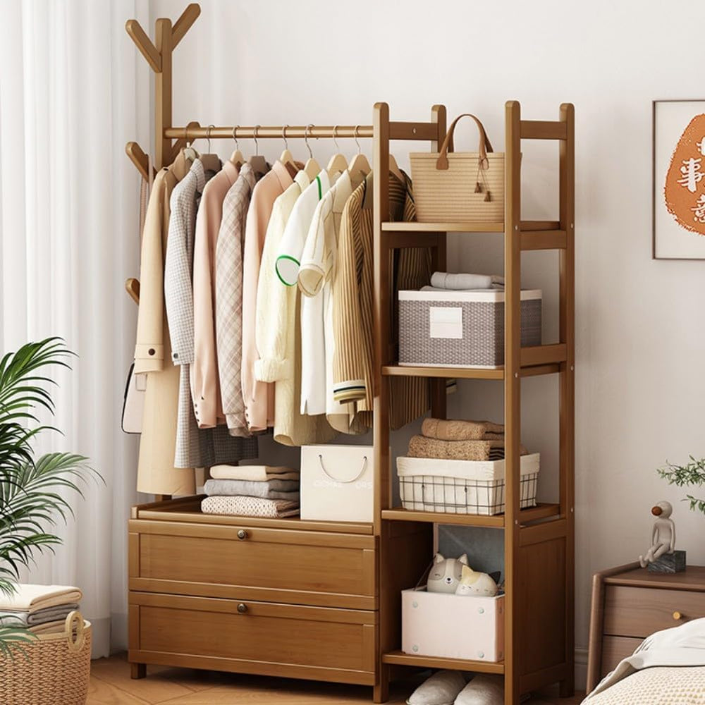 Open Wardrobe for Bedroom - Wooden Clothes Rail with Drawers, Free Standing G...