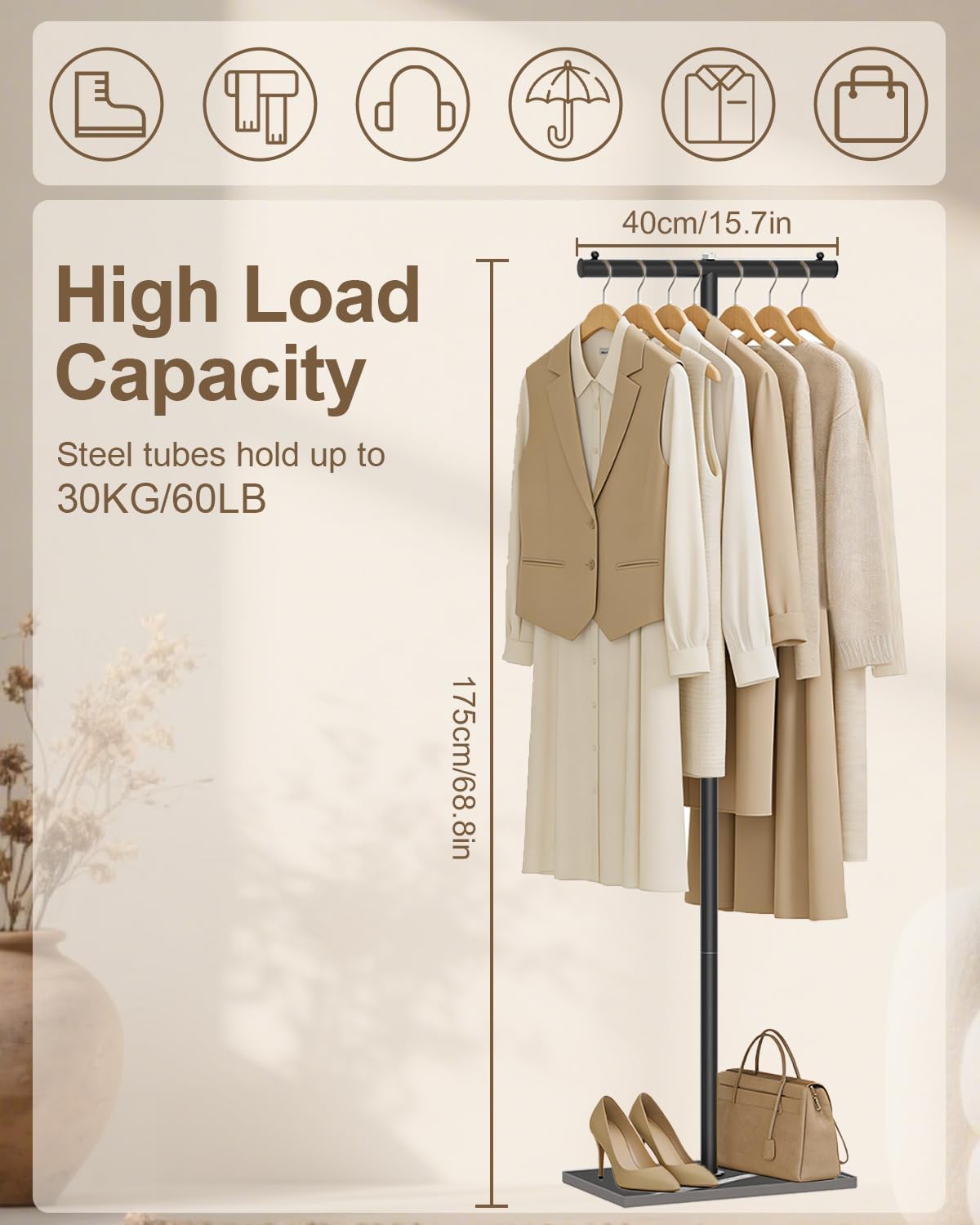 T-shaped Coat Rack Freestanding, Modern Clothes Rack with Rock Slab Base, Heavy-duty Metal Coat Tree for Boutiques, Hallway, Entryway, 68.9 Inches High, Black, GYJ001B