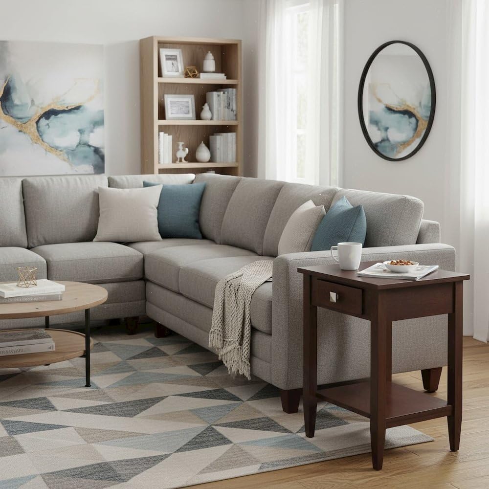 Furnifact End Table with Drawer, Tapered Legs, Lower Shelf, Solid Wood Frame,...