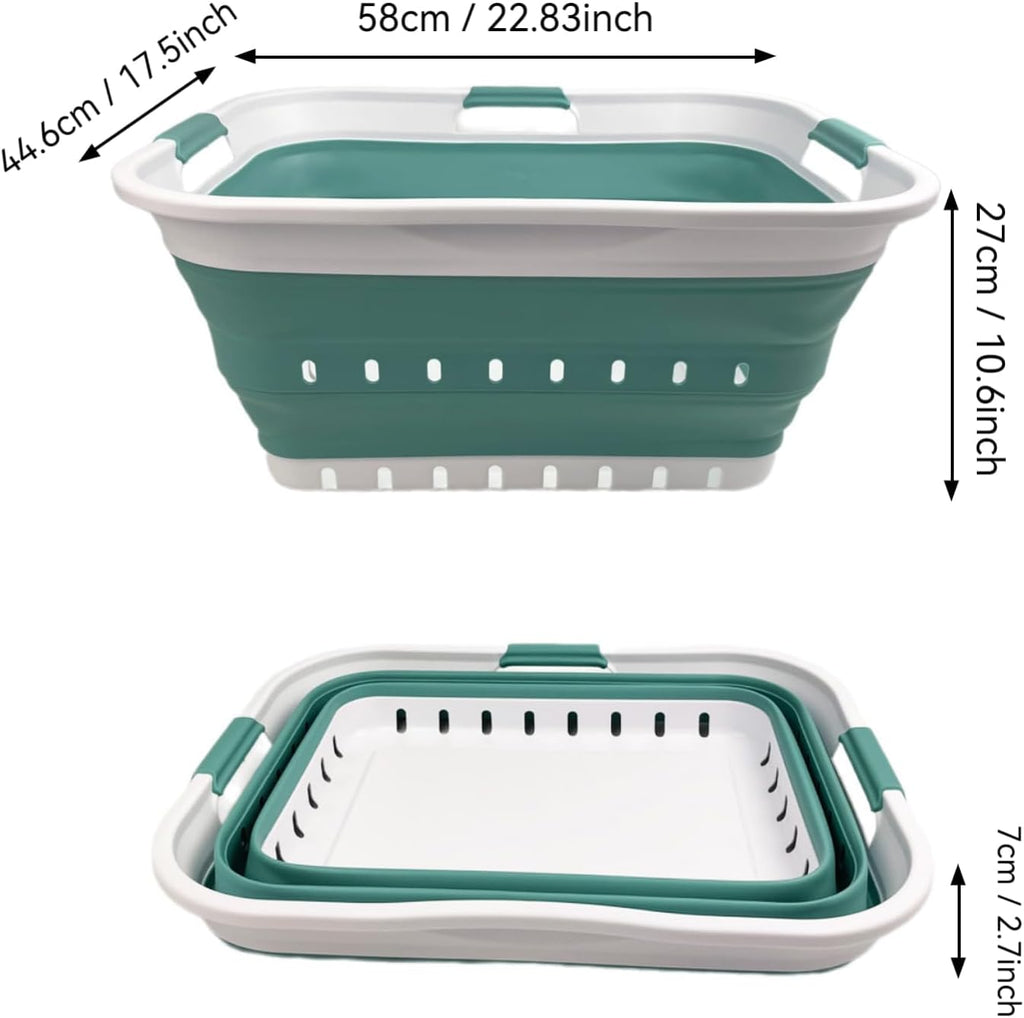 SAMMART 42L (11 gallon) Collapsible Plastic Laundry Basket - Foldable Pop Up Storage Container/Organizer - Space Saving Hamper/Basket (1, White/Celadon Green)