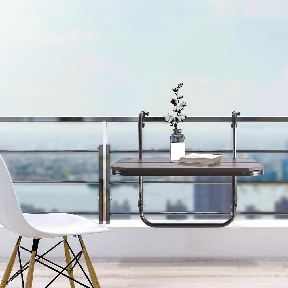 Balcony Railing Table Outdoor Hanging Folding Brown Aluminium Metal Side Tabl...