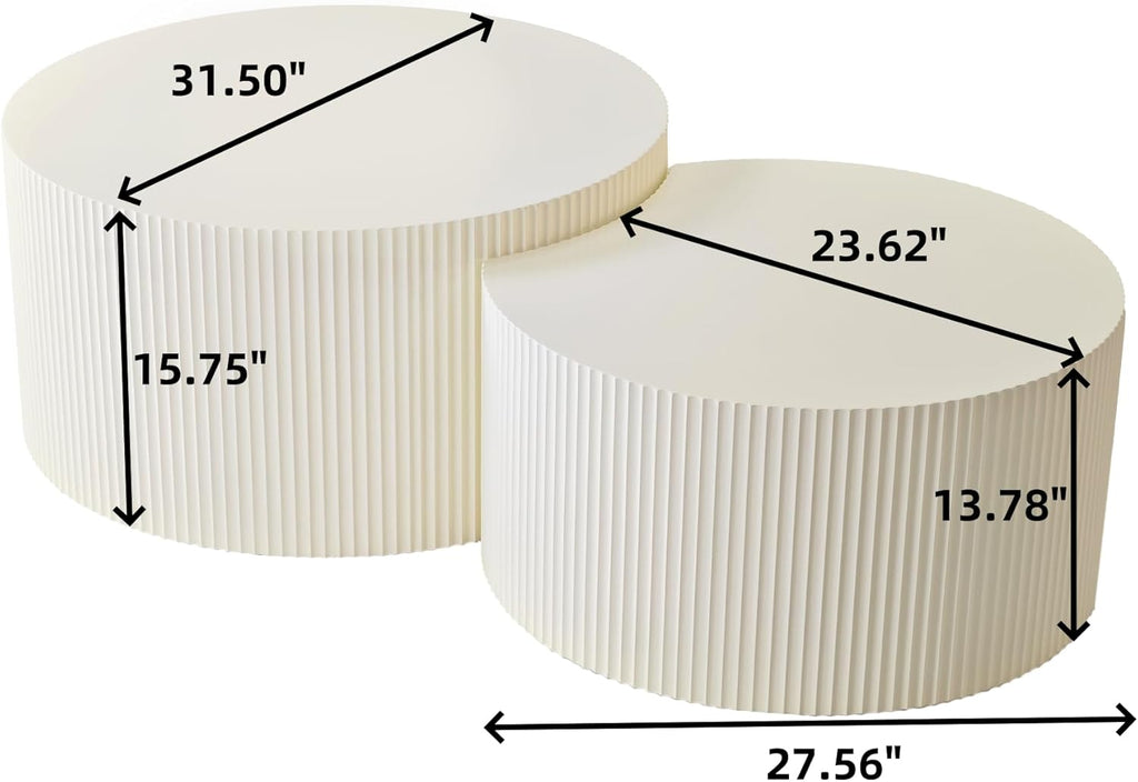 Nesting Coffee Table Set of 2, Modern Drum Side Table End Table, Wave Stripe Round Coffee Table for Living Room, Bedroom, Beige-02